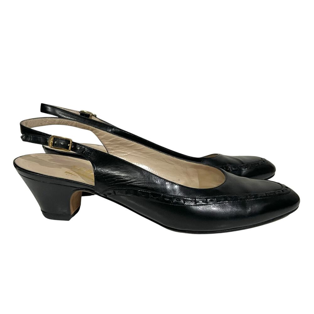 Vintage Salvatore Ferragamo Black Leather Slingback Kitten Heels Womens Sz 9 AA